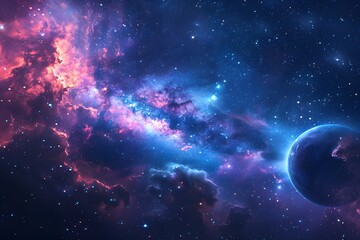 Obraz premium Stunning Cosmic Landscape with Vibrant Nebula and Distant Planet