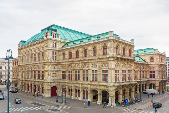 vienna, austria - 17 oct 2019: building of state opera in fall season. overcast sky. popular travel destination. view from albertina museum. scenic heritage