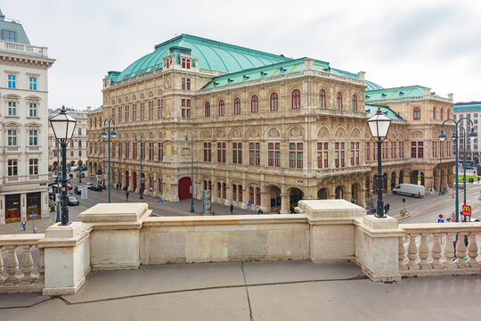 vienna, austria - 17 oct 2019: building of state opera in fall season. overcast sky. popular travel destination. view from albertina museum. urban landscape sightseeing
