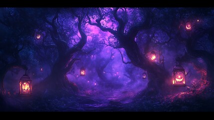 A mysterious forest, cartoon style, with twisted, gnarled trees, floating lanterns casting a soft glow, and glowing eyes peering from the darkness.