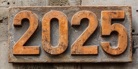 A weathered metal plaque with large, bold, raised numbers reading 2025 signifying a year, prominently displayed against a coarse, textured cement background