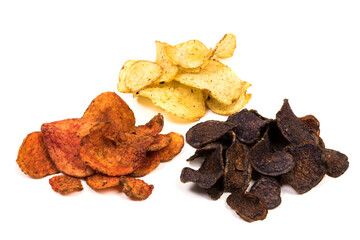 Three varieties of kettle-cooked potato chips isolated