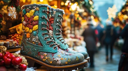 Colorful embroidered winter boots displayed at festive christmas market with lights in background for happy st. nicholas day celebration ai