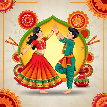 illustration of girl and boy playing dandia and Garbha for Navratri background
