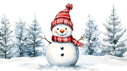 Obraz premium Watercolor snowman clipart, cute and smiling, on a white background, with a winter forest in the background