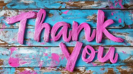 Brightly colored Thank You message painted in vivid pink on rustic wooden planks with a creative background splash of blue and pink paint