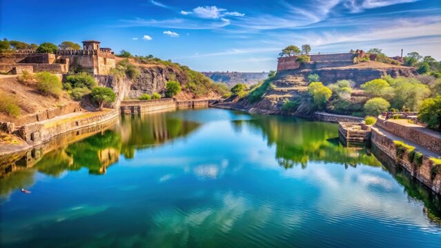 Scenic view of Kund water body at Ranthambore Fort with blue sky in background, Ranthambore Fort, Rajasthan, India