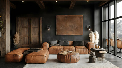 Cozy modern living room with leather furniture and warm tones.