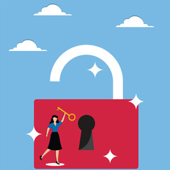 Businesswoman happy to open the lock with the key