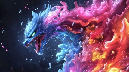 Fototapeta premium A vibrant, colorful dragon emerging from swirling flames and water, showcasing dynamic energy.