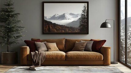 Cozy living room featuring a mountain landscape painting.