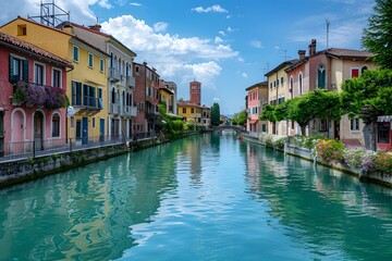 Obraz premium Serene Canal View with Colorful Buildings and Lush Greenery