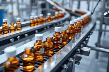 Fototapeta premium Bottles of Medicine on a Production Line in a Pharmaceutical Factory
