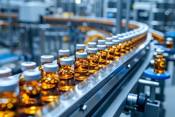 Fototapeta premium Automated Production Line of Pharmaceutical Bottles in a Modern Factory