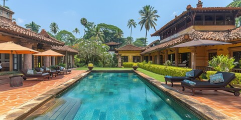 Obraz premium Luxurious tropical villa with beautifully designed swimming pool and lush gardens surrounded by palm trees, creating a serene and tranquil paradise