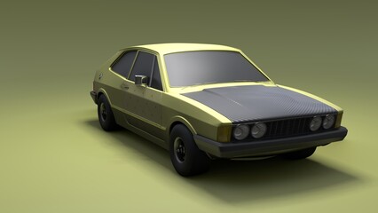 Cool looking old fashion car, front view studio render on green background. Bright modern car design. 3d illustration.