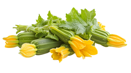 a bunch of zucchini flowers with green leaves. The zucchinis are arranged in a bunch and are of different sizes and shapes. 