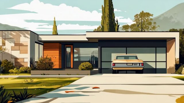 A modern house with a car parked in the garage, surrounded by lush greenery, sits under a partly cloudy sky