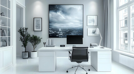 Modern office space with minimalist design and cityscape artwork.