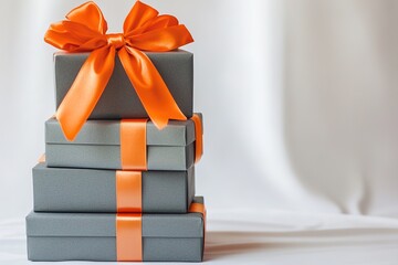 Stack of gray gift boxes with orange ribbons