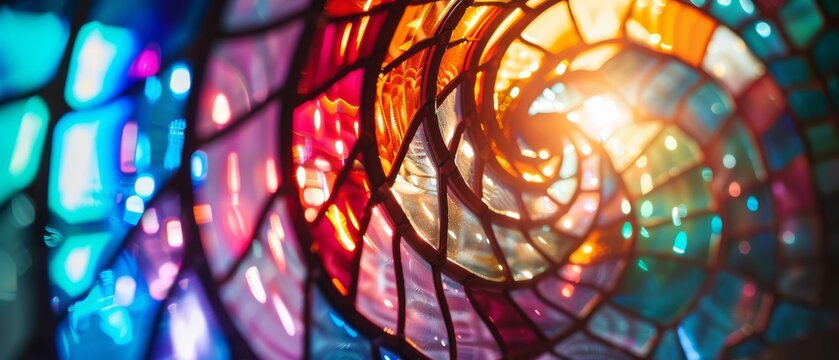 Vibrant stained glass spirals inward, blending colors and light into a mesmerizing tapestry that enchants the eye with its fluid beauty.