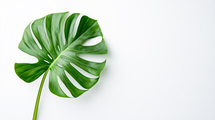 Minimalist Monstera or Monstera Peru and Swiss cheese plant,  green leaves frame on white background with copy space, Eco-friendly design background with Text space.