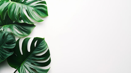 Minimalist Monstera or Monstera Peru and Swiss cheese plant,  green leaves frame on white background with copy space, Eco-friendly design background with Text space.
