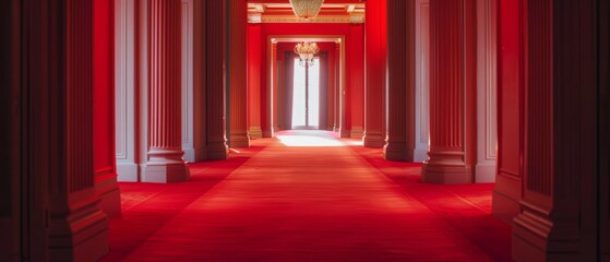 Fototapeta premium An opulent hallway bathed in red, adorned with columns and chandeliers, leading to a bright doorway.