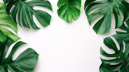 Minimalist Monstera or Monstera Peru and Swiss cheese plant,  green leaves frame on white background with copy space, Eco-friendly design background with Text space.