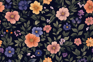 Seamless elegant floral pattern with vibrant colors on dark background