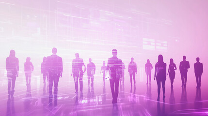 Abstract background futuristic  of purple teamwork group of businesspeople standing silhouette and fill out by business concept work process and technology for future business.  