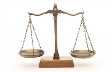 Classic brass scale with two bowls in balance, symbolizing justice, on a white background.