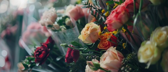 A collection of vibrant flowers in varying hues, captured in an elegant arrangement with delicate petals and soft lighting.