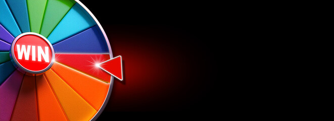 Extreme close-up of a multi colored wheel of fortune against a black and red background with copy space, in the center of the wheel the writing WIN. Empty wide banner. Generative Ai.