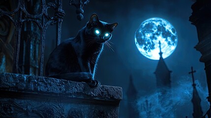 A mystical black cat with glowing eyes sits atop a gravestone under a full moon, creating an enchanting and eerie atmosphere.