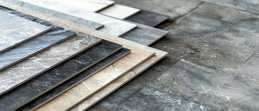 A selection of marble tiles in varying shades and patterns is neatly displayed, highlighting textures and design options for home renovation.