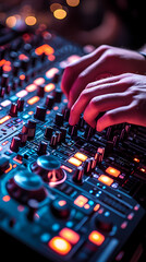 A DJ mixes music on a turntable console while performing a live set at a night club. A Disc Jockey hands a sound mixer station at a club party.