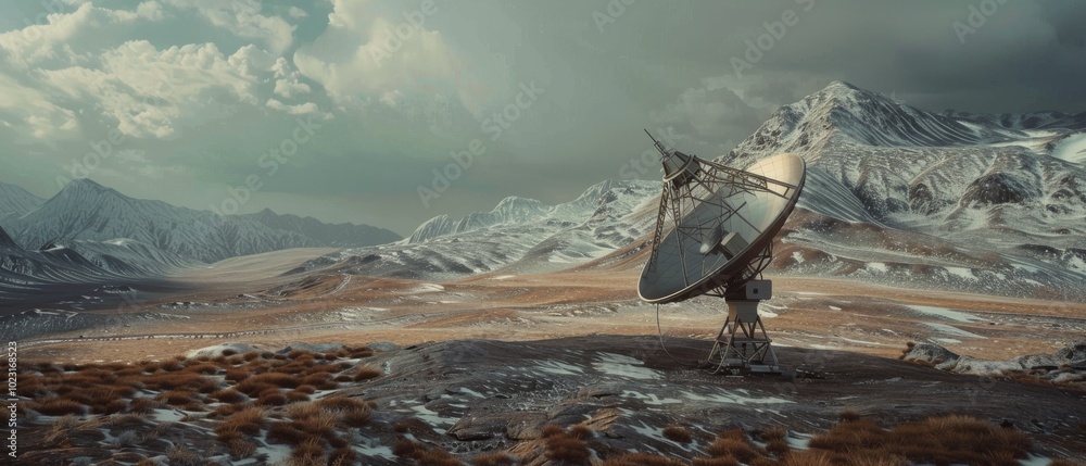 Wall mural a lone satellite dish stands amidst snow-dusted mountains, reaching out to the vast, stormy sky with