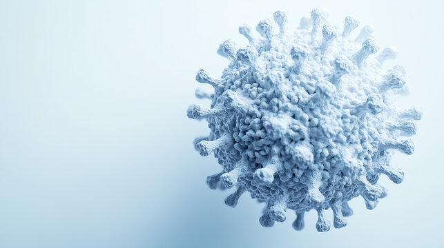 3D rendered illustration of a virus structure, showcasing intricate details and textures against a light blue background, ideal for educational and informational uses.