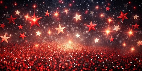 Night sky filled with twinkling red stars and glowing glitter particles, dark, back, sky, night, starry, abstract, twinkling