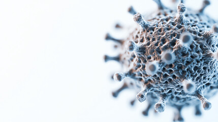 Close-up of a virus structure showcasing intricate details on a light blue background. Ideal for medical or scientific concepts, symbolizing disease and microbiology.