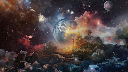 Fototapeta premium Surreal cosmic landscape with fantasy space castle, Mixed media design