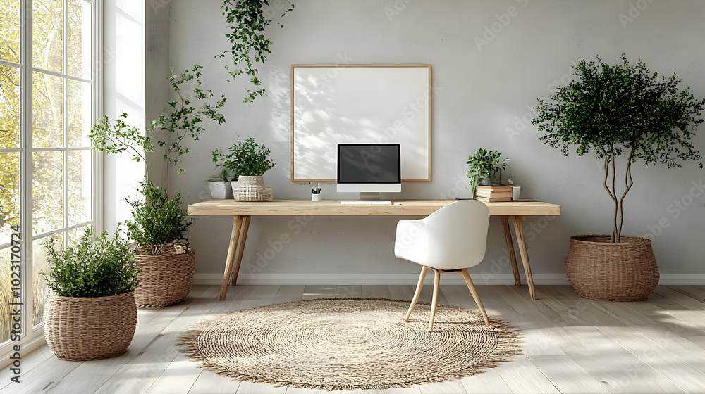 Poster Modern workspace with plants and natural light.