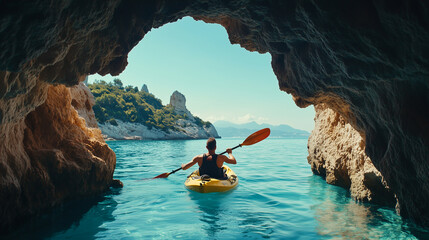Man Kayaking near cave with clear water and a nice beach side view
