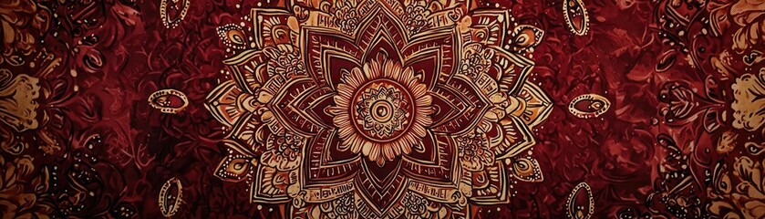 Intricate mandala design on a rich red background, showcasing detailed patterns and vibrant colors, perfect for decor.
