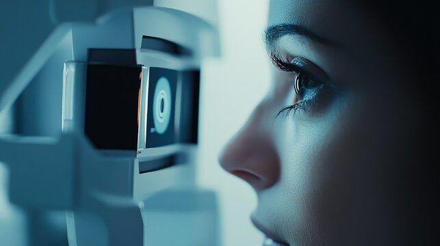 A close-up view of a retinal scanner examining a person's eye in a clinical setting, showcasing advanced medical technology and precision.