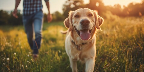 Joyful dog with tongue out trots alongside owner in a sunlit meadow, embodying happiness and freedom.