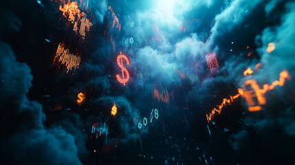 Digital Financial Matrix with Dollar Symbols and Stock Data