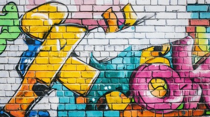 Obraz premium A colorful title graffiti piece on a white brick wall, inviting creative additions with its spacious layout, perfect for urban aesthetics.