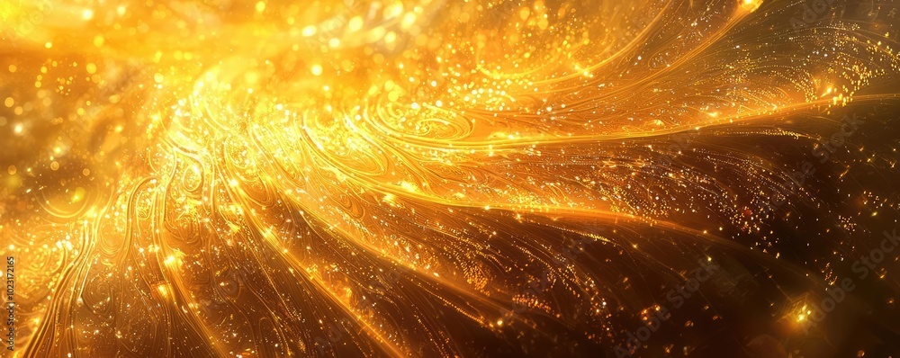Poster an abstract golden swirl background full of luminous particles and vibrant energy, perfect for creat